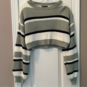Shein Cropped Crewneck Sweater Olive & Black Striped Size M
